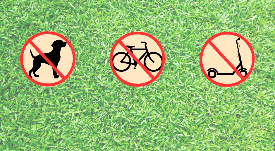 NO DOGS, E-BIKES, OR E-SCOOTERS AT THE FIELDS